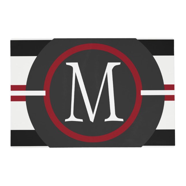 Elegant Red, White & Black Lines With Monogram Placemat (Front)