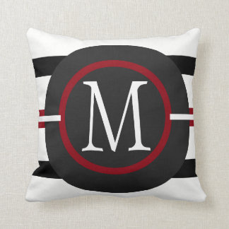 Elegant Red, White & Black Lines With Monogram Throw Pillow