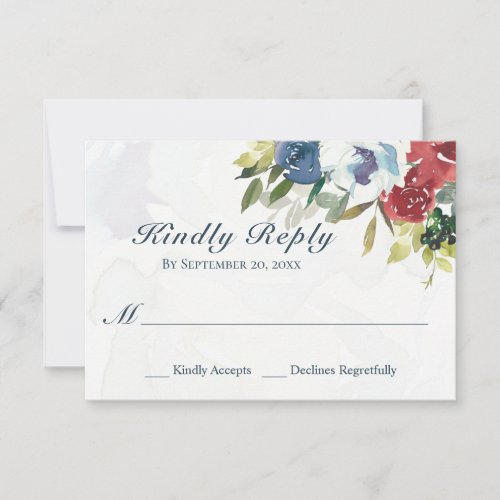 Elegant Red White Blue Floral Watercolor Wedding RSVP Card