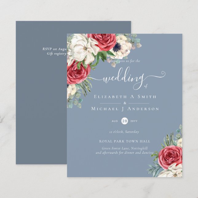 Elegant Red White Blue Floral Wedding Budget (Front/Back)