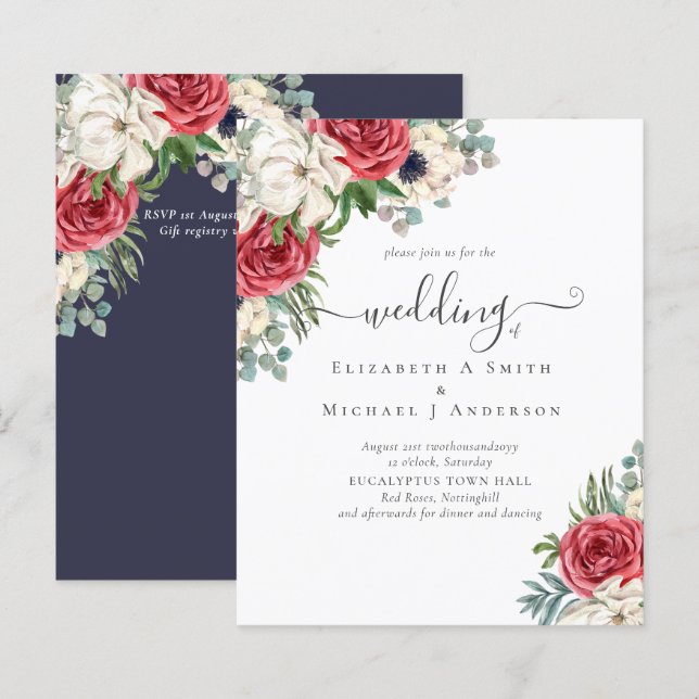 Elegant Red White Blue Floral Wedding Budget (Front/Back)