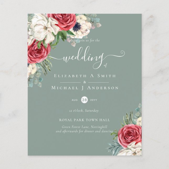 Elegant Red White Blue Floral Wedding Budget Flyer (Front)