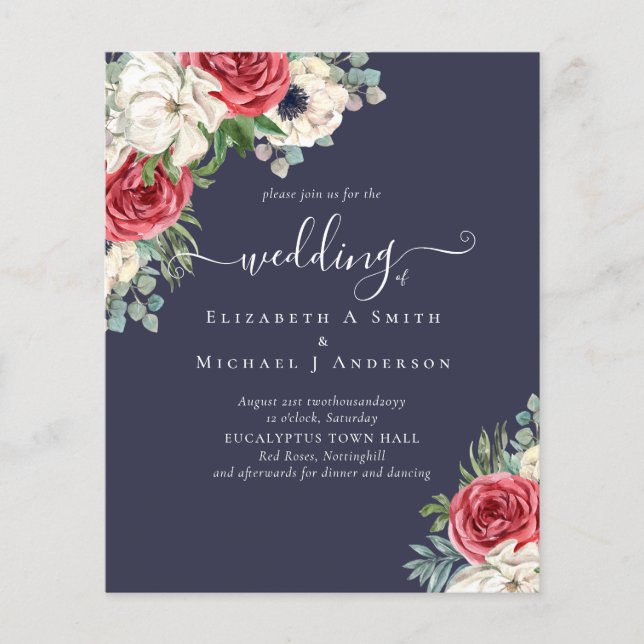 Elegant Red White Blue Floral Wedding Budget Flyer (Front)