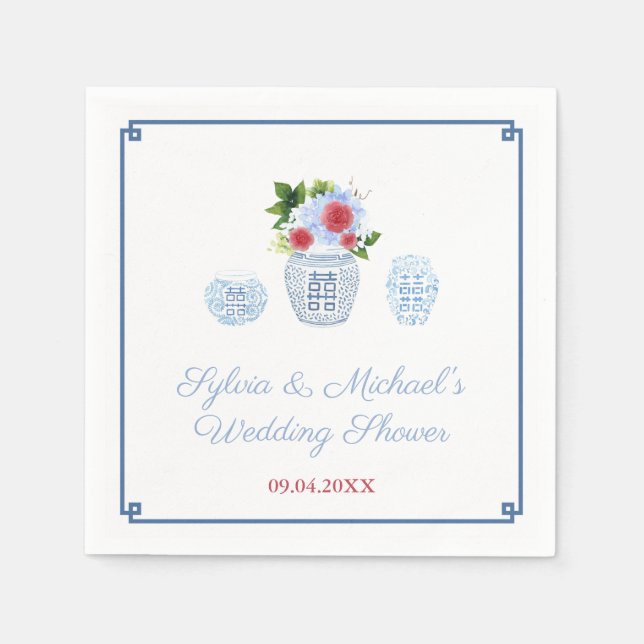 Elegant Red White Blue Floral Wedding Shower Party Napkins (Front)