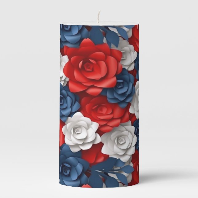 Elegant Red White Blue Flower Garden Floral USA  Pillar Candle (Front)