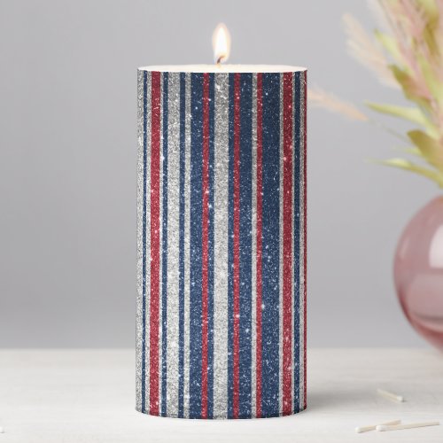 Elegant Red White Blue Glitter Stripe Pattern Pillar Candle