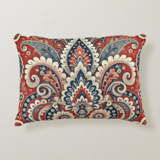 Elegant Red, White & Blue Paisley Floral Pattern Accent Pillow