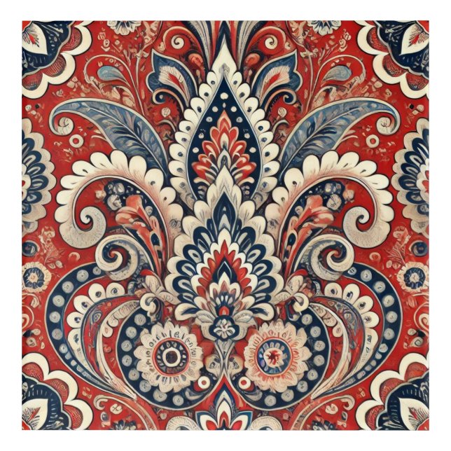 Elegant Red, White & Blue Paisley Floral Pattern Acrylic Print (Front)