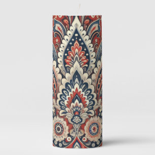 Elegant Red, White & Blue Paisley Floral Pattern Pillar Candle