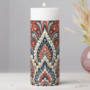 Elegant Red, White & Blue Paisley Floral Pattern Pillar Candle