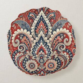 Elegant Red, White & Blue Paisley Floral Pattern Round Pillow
