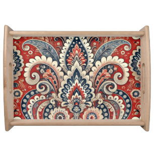 Elegant Red, White & Blue Paisley Floral Pattern Serving Tray