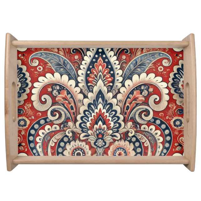 Elegant Red, White & Blue Paisley Floral Pattern Serving Tray (Front)