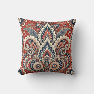 Elegant Red, White & Blue Paisley Floral Pattern Throw Pillow