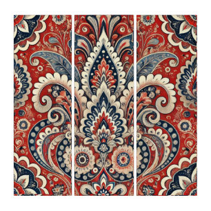 Elegant Red, White & Blue Paisley Floral Pattern Triptych