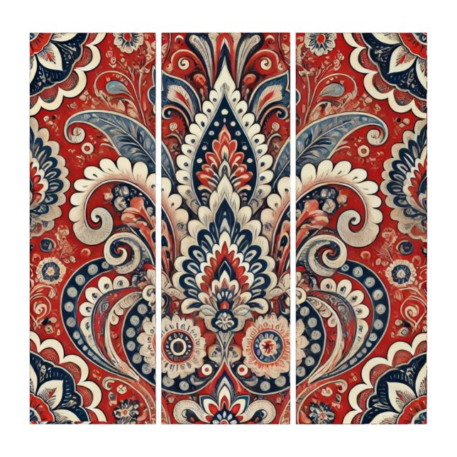 Elegant Red, White & Blue Paisley Floral Pattern Triptych (Front)