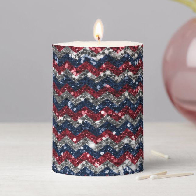 Elegant Red White Blue Sequins Patriotic Pattern Pillar Candle (In Situ)