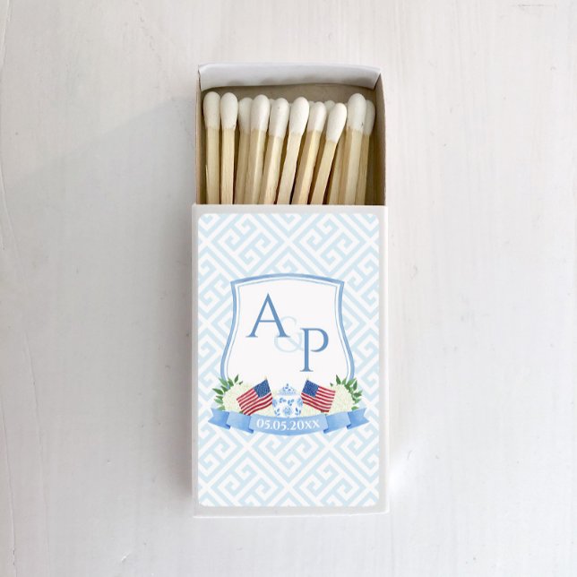 Elegant Red White Blue USA Flag Wedding Crest Matchboxes (Patriotic hand painted red white and blue wedding crest matches. The crest includes the USA flag.)