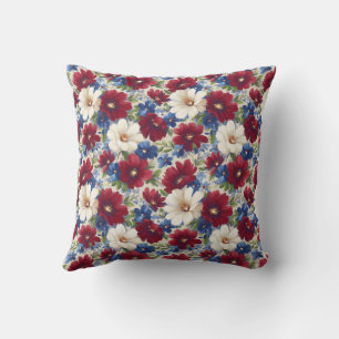 Elegant Red White Blue Vintage Floral Throw Pillow