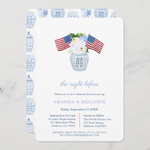 Elegant Red White Blue Wedding Rehearsal Dinner Invitation - This designs gives a nod to the Red White And Blue with neutral florals and USA flags in a Chinese style double happiness vase for this classic themed invitation design with co-ordinating ginger jar backer. The flags and vases were handpainted by me in watercolor before being scanned into digital form (the leaves / flowers were not painted by me). I've set the template up for a Wedding Rehearsal & Dinner  but all of the text fields are customizable to your needs. To add or delete text fields, or change fonts or colors, click to "customize further" underneath the text customization boxes on this page.