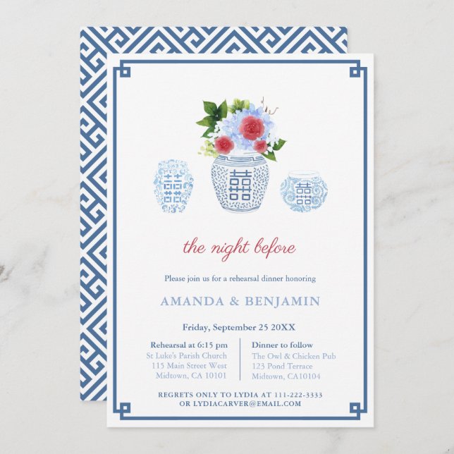 Elegant Red White Blue Wedding Rehearsal Dinner Invitation (Front/Back)