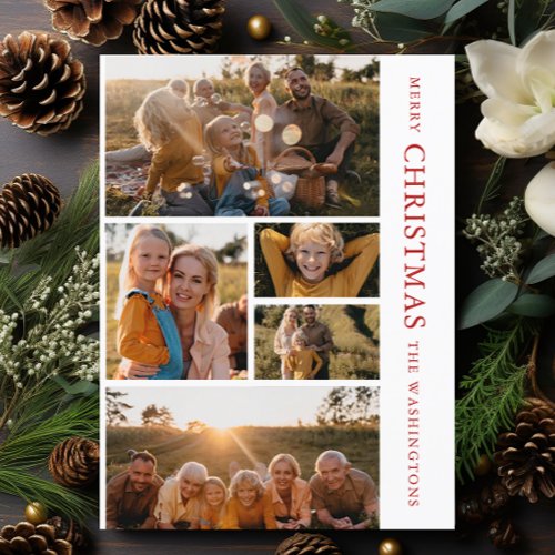 Elegant Red  White Christmas 5 Photo Collage Invi Holiday Postcard