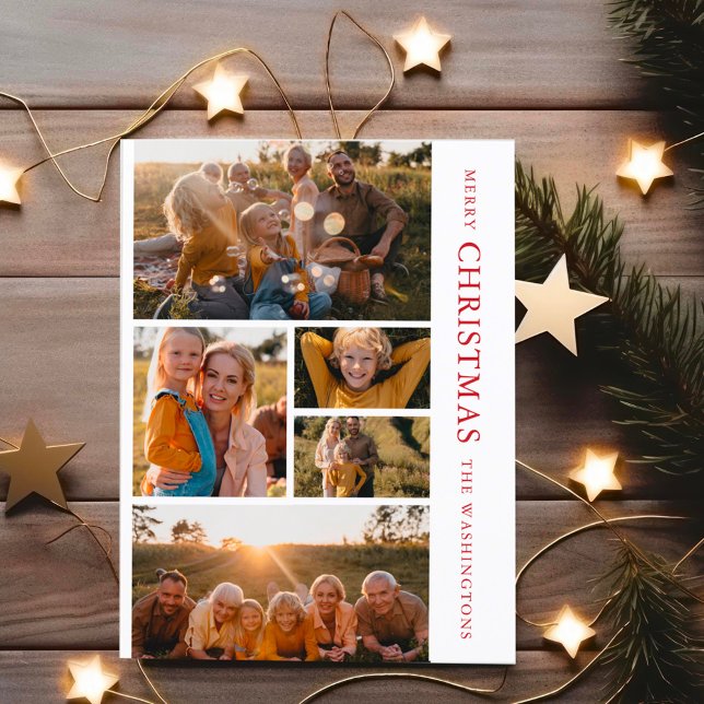 Elegant Red & White Christmas 5 Photo Collage Invi Holiday Postcard (Creator Uploaded)