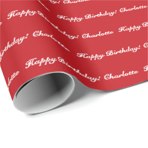 Elegant red & white custom script name birthday wrapping paper