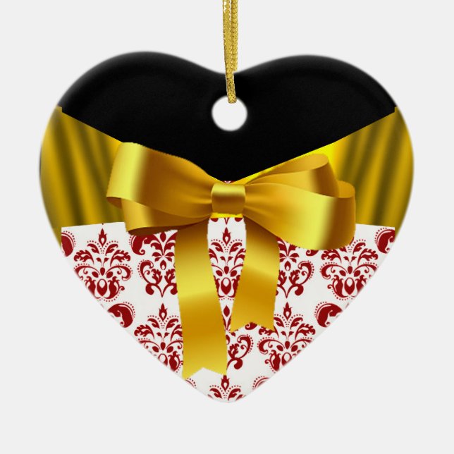 ELEGANT RED WHITE DAMASK GOLD RIBBON MONOGRAM CERAMIC ORNAMENT (Front)