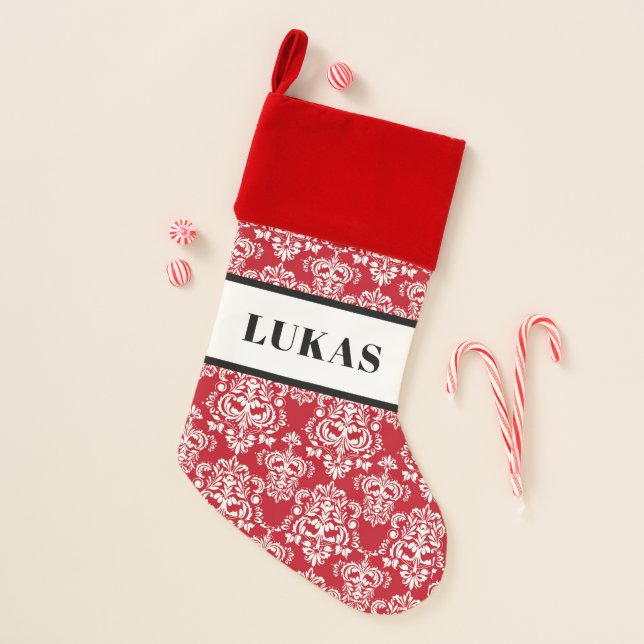 Elegant Red White Damask Pattern Christmas Stocking (Front)
