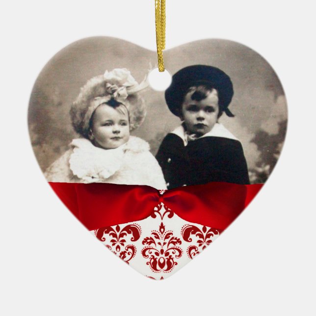 ELEGANT RED WHITE DAMASK RIBBON PHOTO TEMPLATE CERAMIC ORNAMENT (Front)