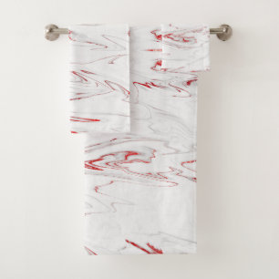 Elegant Red White Faux Marble Bath Towel Set