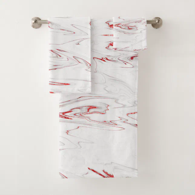 Elegant Red White Faux Marble Bath Towel Set | Zazzle