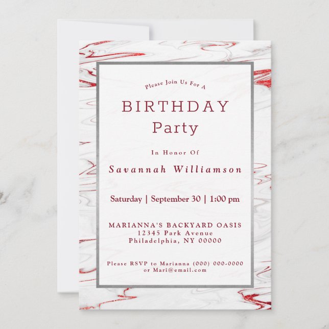 Elegant Red White Faux Marble Birthday Invitation (Front)