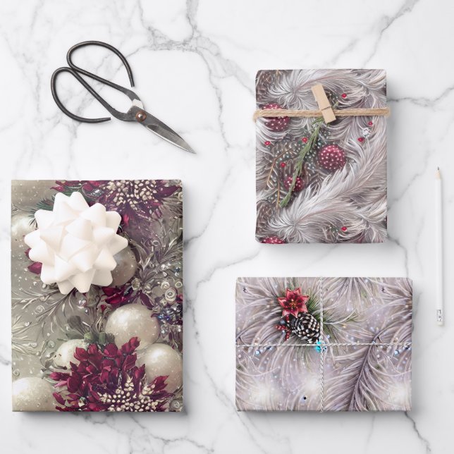 Elegant Red & White Feather Christmas Beaded Wrapping Paper Sheets (Front)