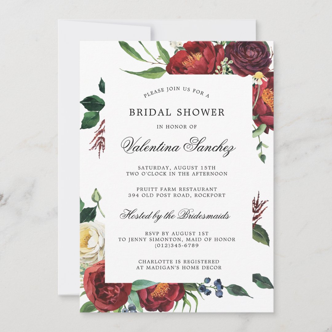 Elegant Red White Floral Bridal Shower Invitation | Zazzle