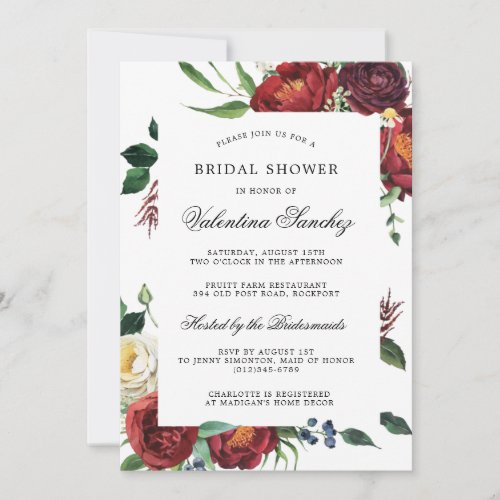 Elegant Red White Floral Bridal Shower  Invitation