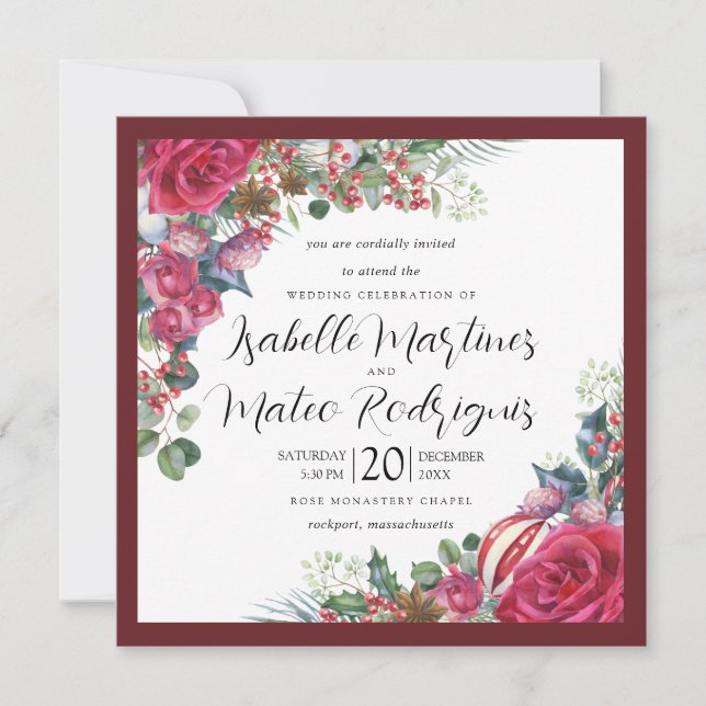 Elegant Red White Floral Christmas Wedding Square Invitation (Front)