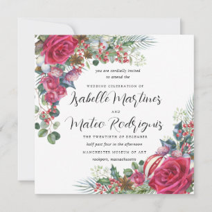 Elegant Red White Floral Christmas Wedding Square Invitation