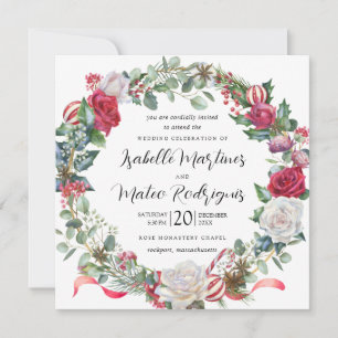 Elegant Red White Floral Christmas Wedding Square Invitation