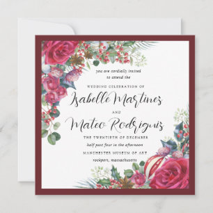 Elegant Red White Floral Christmas Wedding Square Invitation