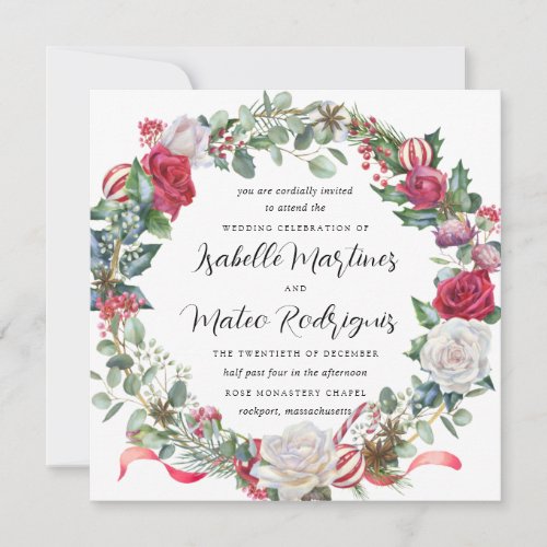 Elegant Red White Floral Christmas Wedding Square  Invitation