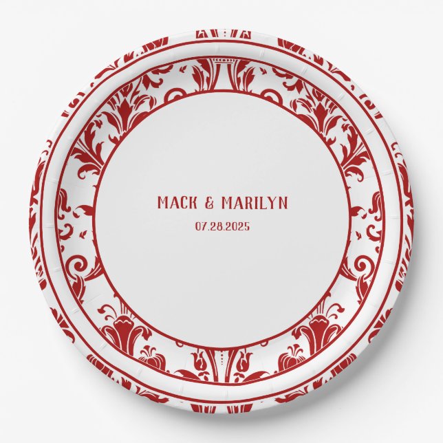 Elegant Red & White Floral Damask Wedding Dinner Paper Plates (Front)
