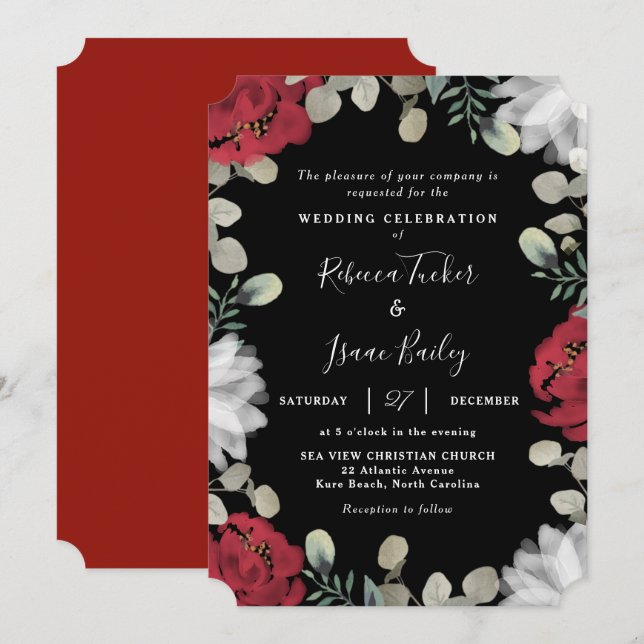 Elegant Red & White Floral Greenery Black Wedding Invitation (Front/Back)