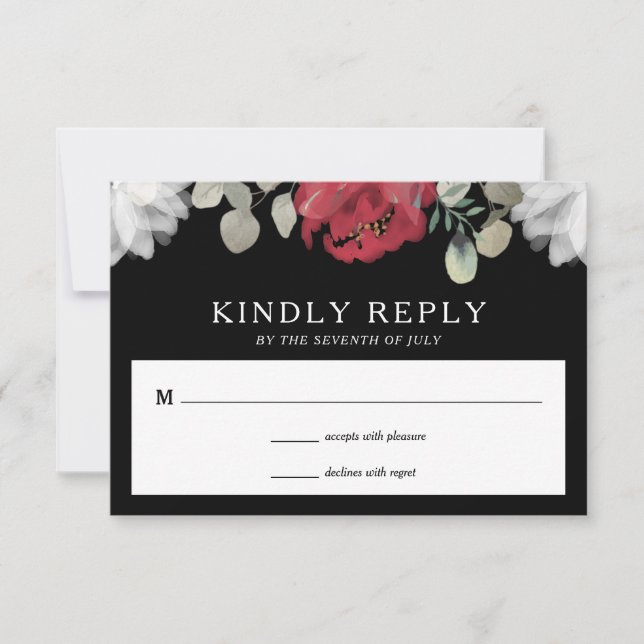 Elegant Red White Floral Greenery on Black Wedding RSVP Card (Front)