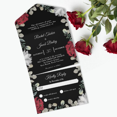 Elegant Red White Floral Greenery Wedding All In One Invitation