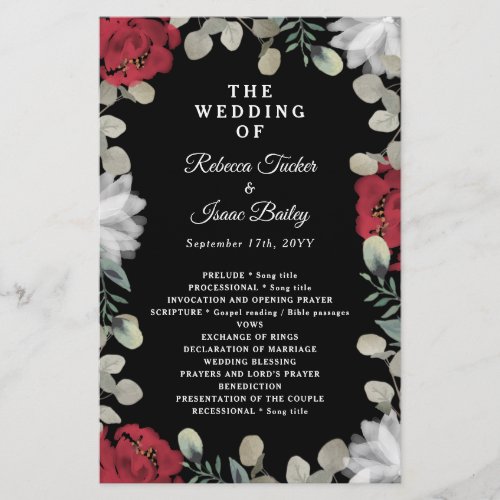 Elegant Red White Floral Greenery Wedding Program