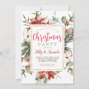 Elegant Red White Floral Mistletoe Christmas Party Invitation