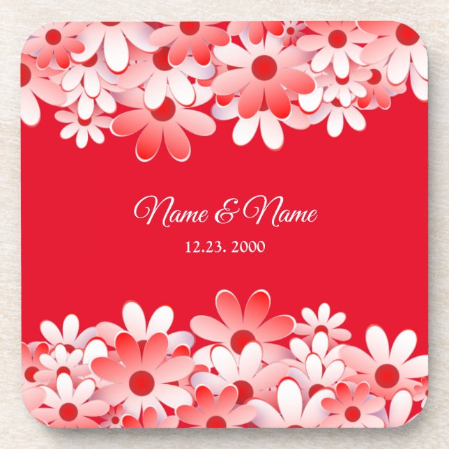 Elegant Red White Floral Name Beverage Coaster (Front)
