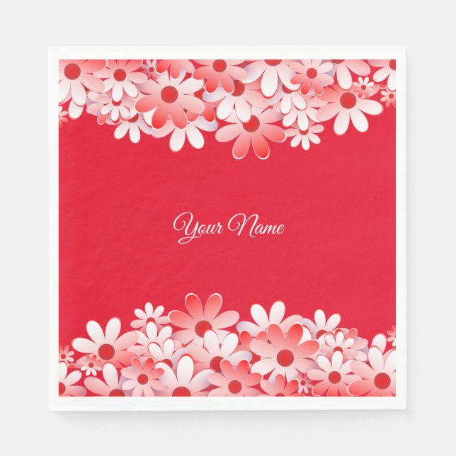 Elegant Red White Floral Name Party Napkins (Front)